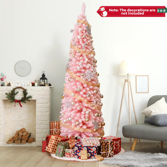 Goplus 7ft Pink Slim Pencil Christmas Tree, Artificial Unlit Skinny Xmas Full Tree with 635 Branch Tips