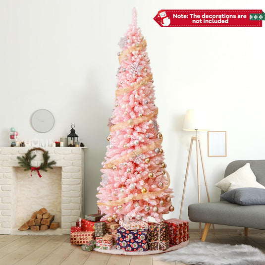 Goplus 8ft Pink Slim Pencil Christmas Tree, Artificial Unlit Skinny Xmas Full Tree with 1000 Branch Tips