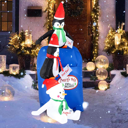 Goplus 6 Ft Christmas Inflatables, Blow up Pre-Lit Letters to Santa Mailbox with Penguins & Snow Man