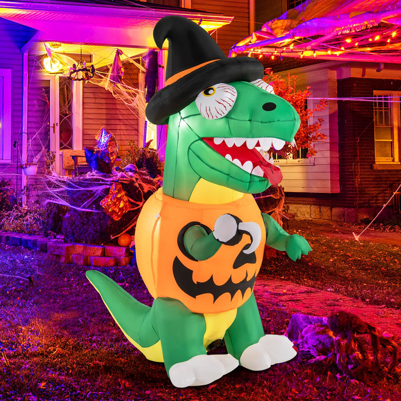 Load image into Gallery viewer, Goplus 6 FT Inflatable Pumpkin Dinosaur, Blow up Yard Decoration with Built-in LED Lights &amp; Witch Hat
