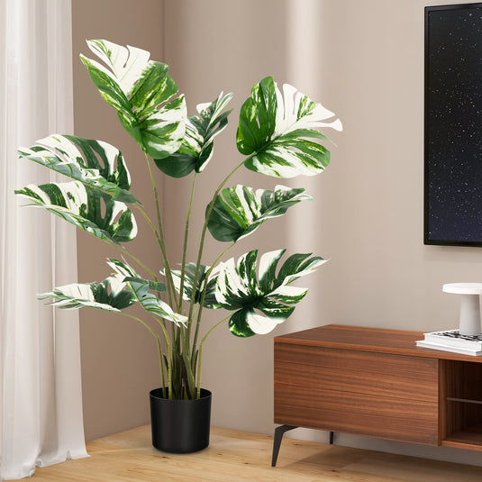 Goplus 4ft Artificial Monstera Deliciosa Plant, 2 Pack Tall Fake Tropical Palm Tree in Pot with 10 Decorative Split Leaves