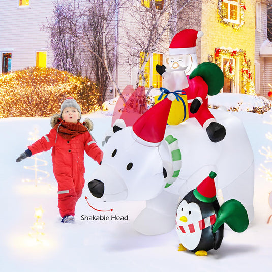 Goplus 7FT Christmas Inflatables, LED Lighted Xmas Inflatable Polar Bear with Shaking Head, Santa & Penguin