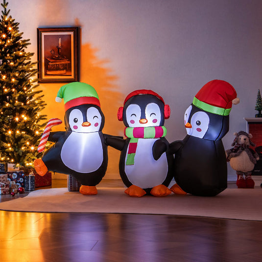 Goplus 6FT Christmas Inflatables, LED Lighted Xmas Inflatable Penguin Family Hand in Hand