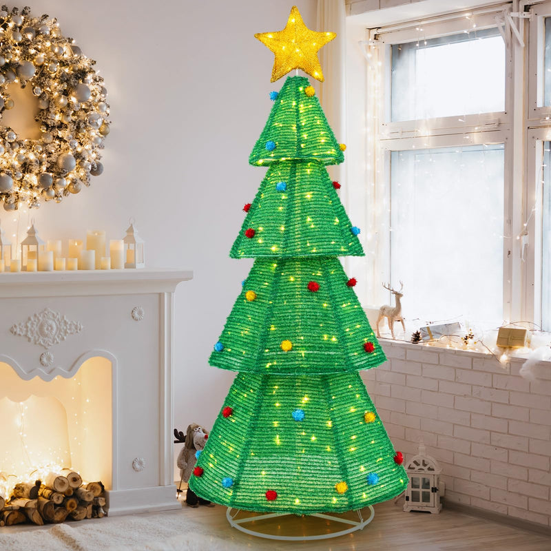 Load image into Gallery viewer, Goplus 6.2 FT Collapsible Christmas Tree with 200 Built-in LED Lights, Pre-Lit Christmas Tree w/Top Star Decoration &amp; Furry Balls
