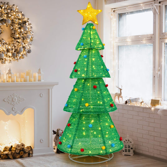 Goplus 6.2 FT Collapsible Christmas Tree with 200 Built-in LED Lights, Pre-Lit Christmas Tree w/Top Star Decoration & Furry Balls