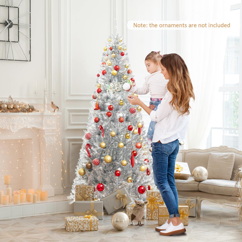Goplus 6ft Pre-lit Silver Pencil Christmas Tree, Artificial Tinsel Ele ...