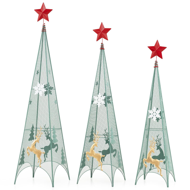 Load image into Gallery viewer, Goplus Set of 3 Tower Shaped Christmas Trees (3ft/3.5ft/4ft), Artificial Xmas Metal Trees with Removable Star Toppers &amp; Reindeer
