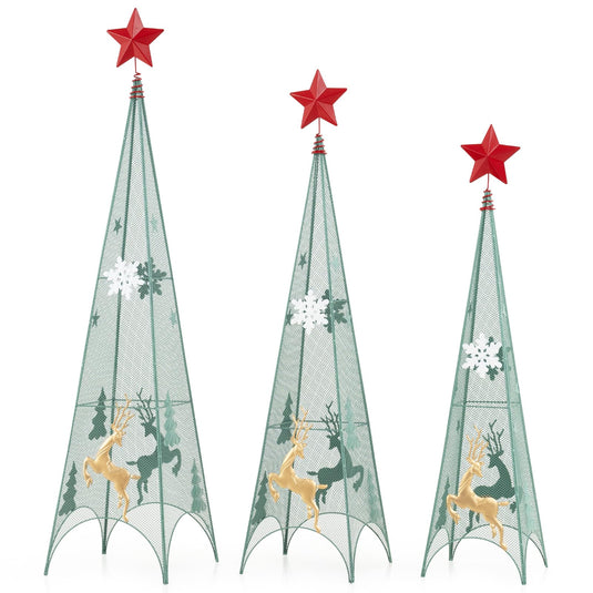 Goplus Set of 3 Tower Shaped Christmas Trees (3ft/3.5ft/4ft), Artificial Xmas Metal Trees with Removable Star Toppers & Reindeer