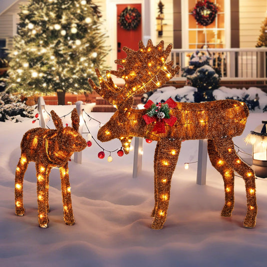 Goplus 2 Pieces Lighted Christmas Moose Family, Light-up Xmas Deer Decorations with 170 LED Lights