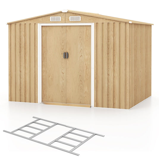 Goplus 8' x 6' Woodgrain Outdoor Storage Shed, Galvanized Metal Tool House Organizer w/Base Floor, 4 Vents