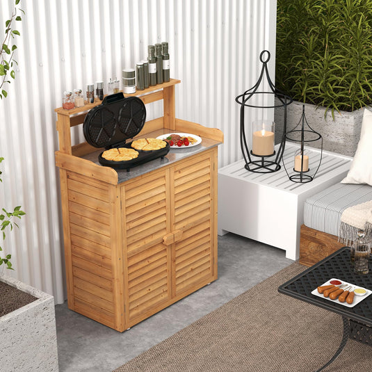 Goplus Outdoor Potting Bench Table, Gardening Table w/Storage Cabinet, Galvanized Metal Tabletop
