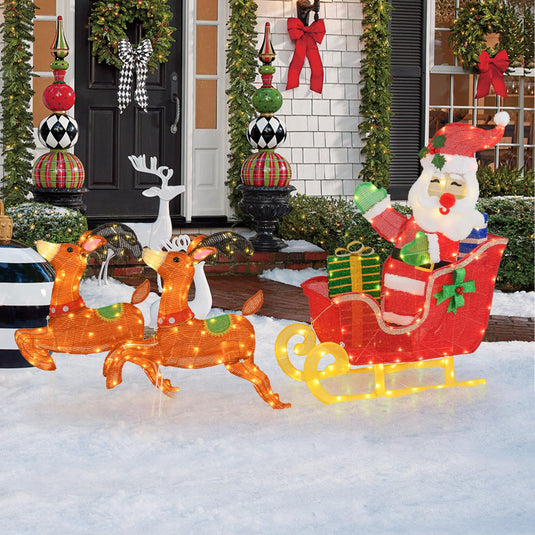 Goplus Lighted Christmas Santa Claus with Reindeer, Santa on Sleigh Decoration w/LED Lights