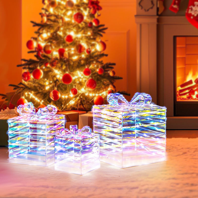 Load image into Gallery viewer, Goplus 3 Pieces Christmas Lighted Gift Boxes, 90 LED Light up Present Boxes with Bows, Zip Ties &amp; Ground Stakes
