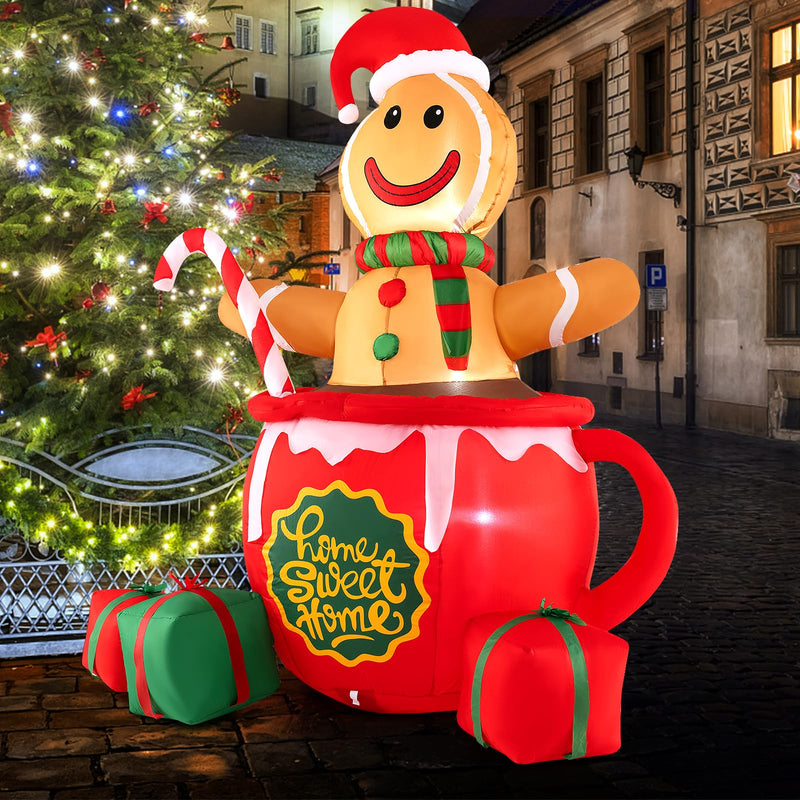 Load image into Gallery viewer, Goplus 7 Ft Christmas Inflatable, Blow up Pre-Lit Gingerbread Man in Mug with Gift Boxes &amp; Candy Cane
