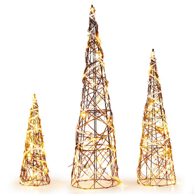 Goplus Set of 3 Large Christmas Cone Trees, 32” 24” 16” Indoor Christmas Trees w/Warm White LED Lights