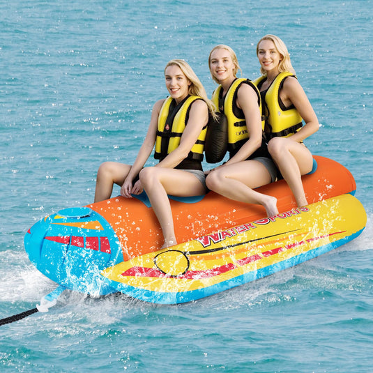 Goplus Inflatable Towable Tubes for Boating, Water Sports Banana Boat with 3 EVA-padded Seats for Towing Rider