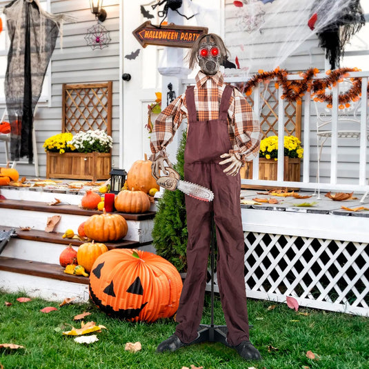 Goplus Halloween Animatronic Chainsaw Man, Halloween Prop with Gas Mask, Chainsaws, Red Light Up Eyes