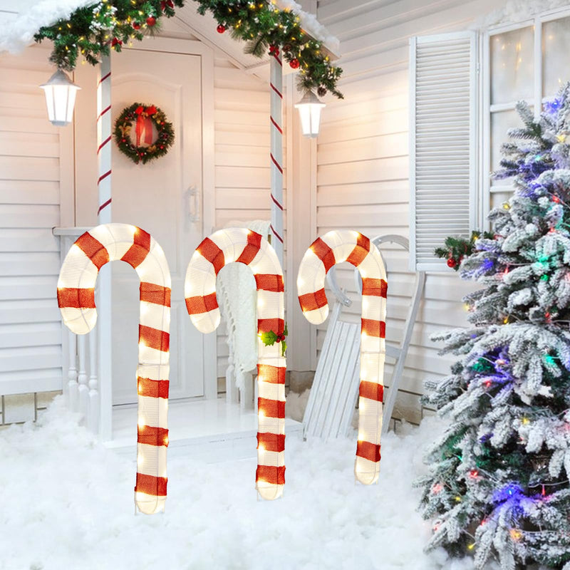 Load image into Gallery viewer, Goplus Lighted Candy Canes, Set of 3 Christmas Tinsel Candy Cane Decoration with 75 Warm White LED Lights
