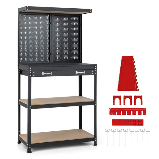 Goplus Workbench with Pegboard, 32" x 16" Multi-use Workbench with 2 Tires of Shelves, Topping Space