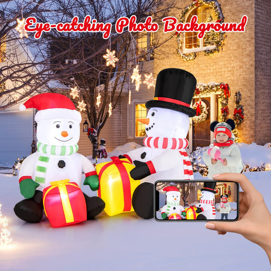 Goplus 5FT Christmas Inflatables, LED Lighted Xmas Double Inflatable Snowmen Holding Gift Boxes