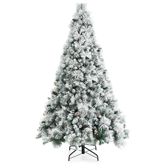 Goplus Snow Flocked Christmas Tree, Artificial Hinged Xmas Pine Tree,Pine Cone & Red Berries - GoplusUS