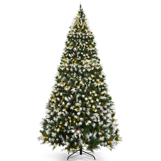 Goplus Pre-lit Snow Flocked Christmas Tree,Hinged Artificial Xmas Tree, Indoor Holiday Festival Decoration - GoplusUS