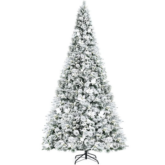 Goplus Snow Flocked Artificial Christmas Tree, Hinged Xmas Tree w/ Folding Metal Stand, Office, Party, Wedding - GoplusUS