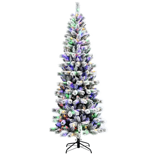 Goplus Snow Flocked Christmas Tree, Premium Hinged Artificial Pine Tree, Remote Controller, Xmas Full Tree for Indoor - GoplusUS