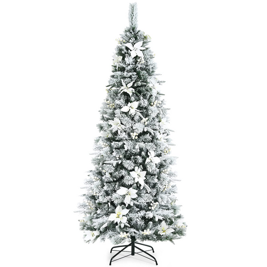Goplus Snow Flocked Pencil Christmas Tree, Hinged Artificial Skinny Xmas Tree with White Berries - GoplusUS