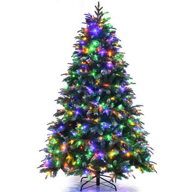 Goplus 7FT Pre-Lit Artificial Christmas Tree, Hinged Realistic Snowy Xmas Pine Tree W/ 450 Color Changing LED Lights, 11 Flash Modes - GoplusUS