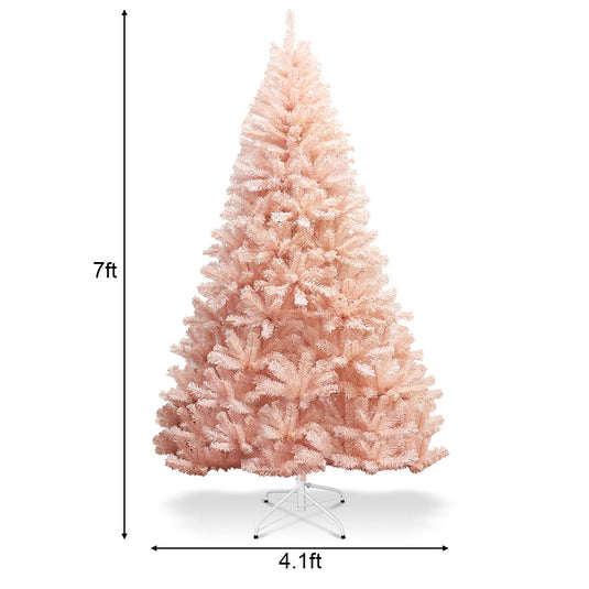 Artificial Pink Christmas Tree, 6ft/7ft Premium Unlit Hinged Spruce Full Tree - GoplusUS