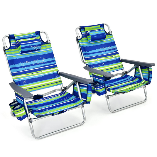 Goplus Backpack Beach Chairs, 2 Pcs Portable Camping Chairs with Cool Bag and Cup Holder (Without Side Table), Blue+Green