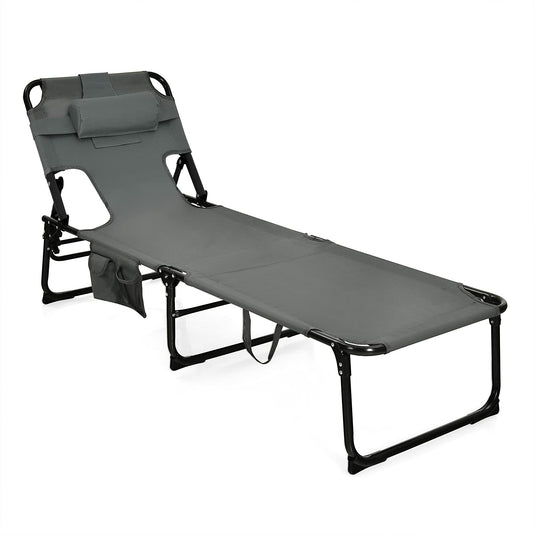 Beach Chaise Lounge with Face Hole, Folding Recliner  Black/Gray/Sky Blue/Navy - GoplusUS
