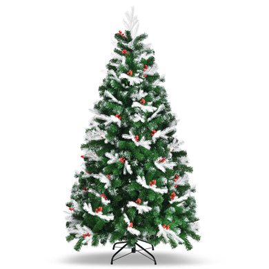 6ft/7ft  Snow Flocked Christmas Tree, Artificial Hinged XmasTree - GoplusUS