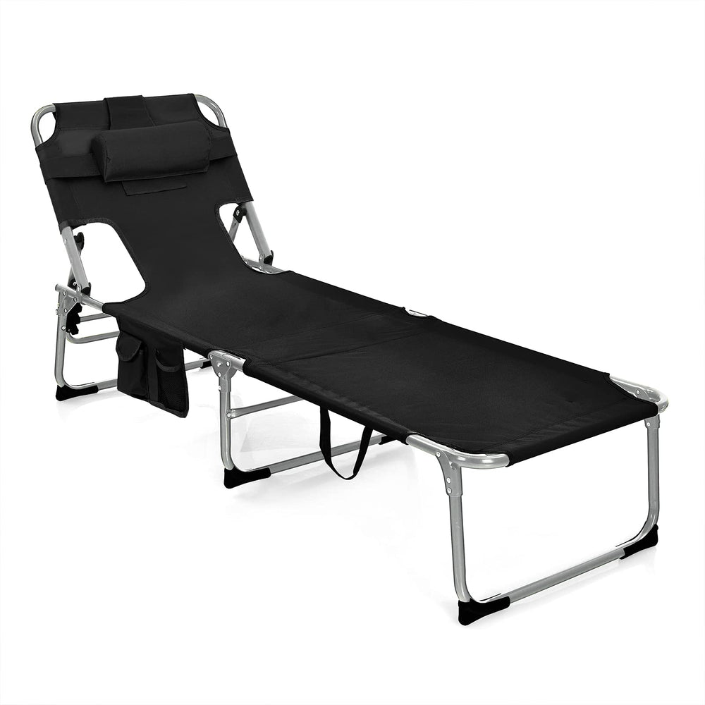 Beach Chaise Lounge with Face Hole, Folding Recliner  Black/Gray/Sky Blue/Navy - GoplusUS