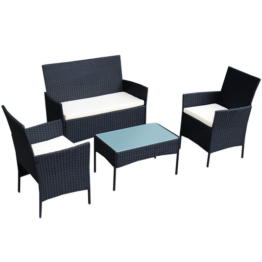 Rattan Sofa Furniture Set Outdoor Garden Patio 4-Piece Cushioned Seat Wicker (Black)