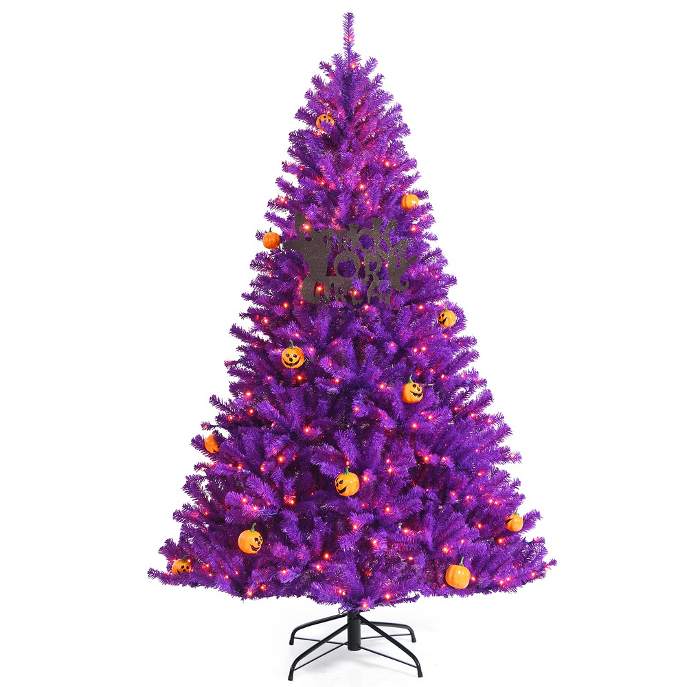 Goplus Prelit Purple Halloween Tree, Artificial Hinged Christmas Tree, Perfect Halloween Decoration for Holiday Festival Parties - GoplusUS