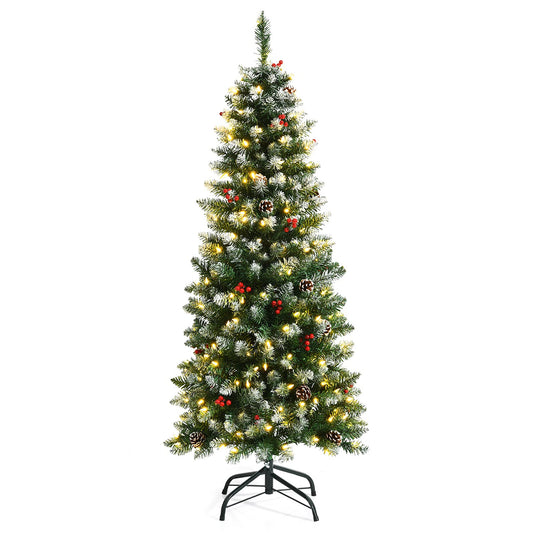 5ft Pre-lit Pencil Christmas Tree, Snow Flocked Artificial Hinged Xmas Tree - GoplusUS