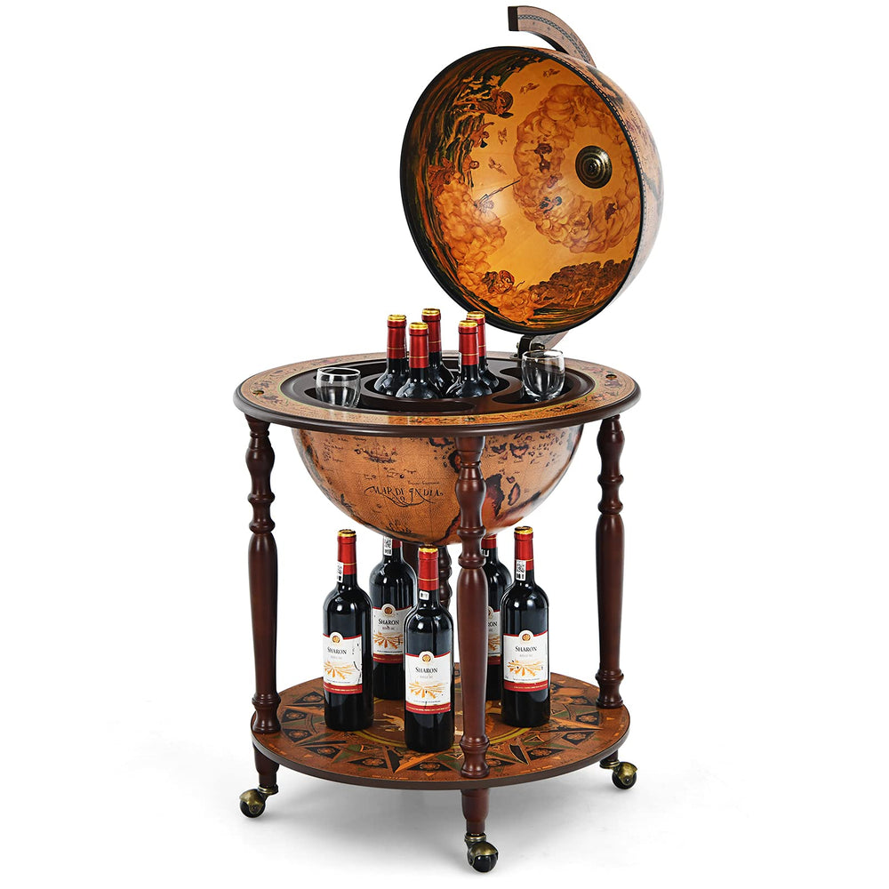 18' Globe Wine Bar Stand, 16th Century Italian Replica Wine Cabinet with Wheels - GoplusUS