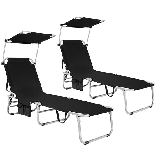 Folding Lounge Chair w/Shade Canopy and Storage Pocket - GoplusUS