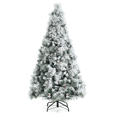 Goplus Snow Flocked Christmas Tree, Artificial Hinged Xmas Pine Tree,Pine Cone & Red Berries - GoplusUS
