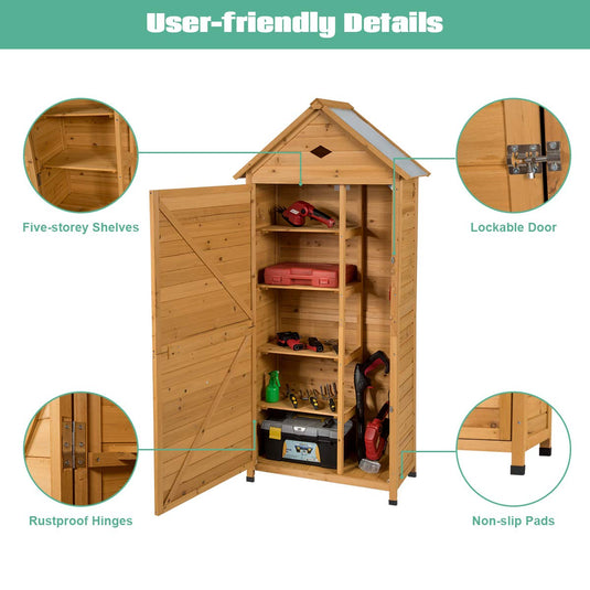 Outdoor Storage Shed, Lockable Fir Wood Garden Tool Storage Cabinet - GoplusUS