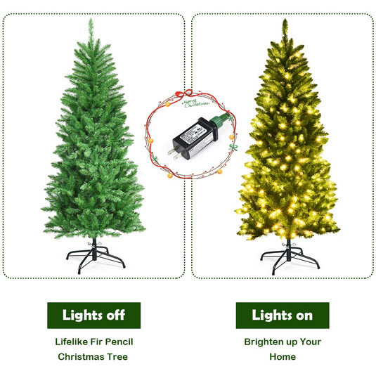 Goplus 5ft Pre-lit Artificial Christmas Tree, Hinged Fir Pencil Christmas Tree with Lights - GoplusUS