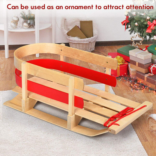 Wooden Sled, Snow Wood Sled Pull Steering Slider with Solid Wood Seat