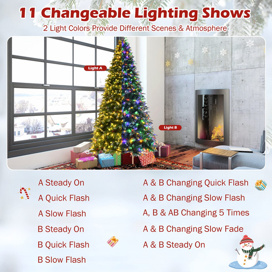 Goplus 8FT Pre-Lit Artificial Christmas Tree, Hinged Realistic Snowy Xmas Pine Tree W/ 780 Color Changing LED Lights, 11 Flash Modes - GoplusUS