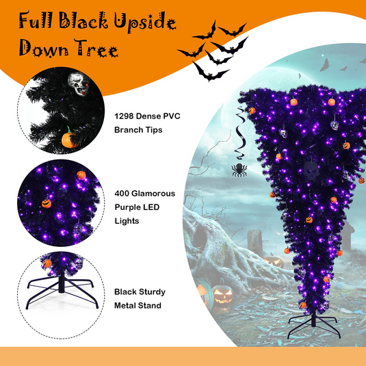 Goplus Pre-lit Black Halloween Tree, Artificial Upside Down Christmas Tree, Hinged Inverted Xmas Pine Tree - GoplusUS