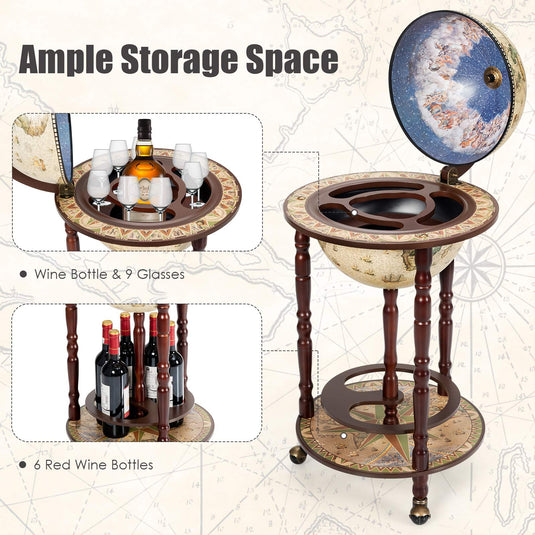 17" Wood Globe Wine Bar Stand 16th Century Italian Rack Liquor Bottle Shelf - GoplusUS