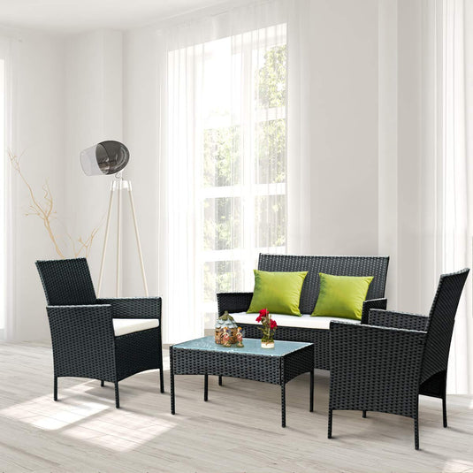 Rattan Sofa Furniture Set Outdoor Garden Patio 4-Piece Cushioned Seat Wicker (Black)