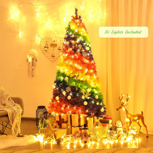 Goplus 7FT Colorful Rainbow Full Fir Christmas Tree, Artificial Hinged Christmas Tree w/Solid Metal Stand - GoplusUS