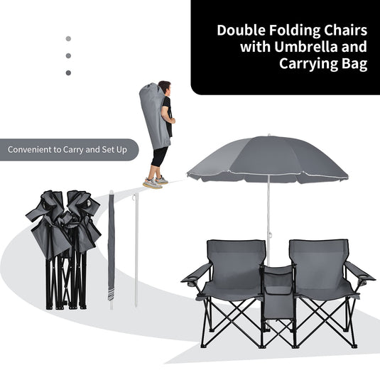 Double Folding Picnic Chairs Umbrella Mini Table Beverage Holder Carrying Bag - GoplusUS